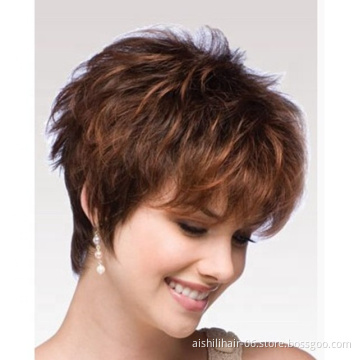 Aishili Wholesale pixie cut brown short bobo hair  natural wave Synthetic hair wigs for woman